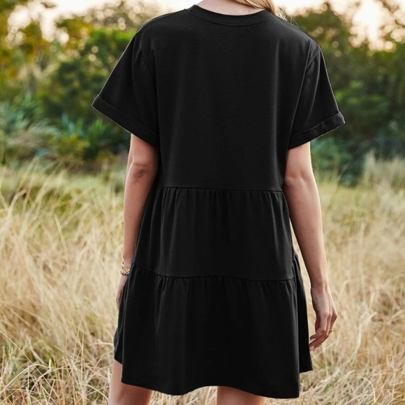 Tiered rolled short sleeve babydoll dress boho black - Picture 2 of 4